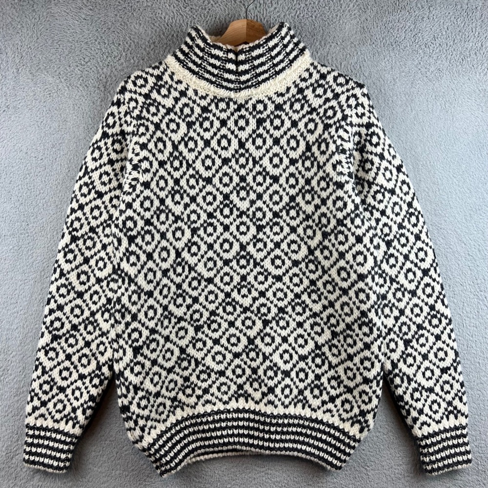 Devold of Norway Wool Nordic Sweater Black White Geometric Mock Neck Mens Small